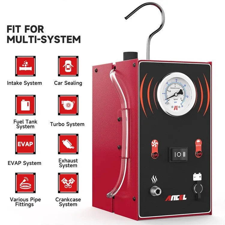 Red 12V smoke leak detector for EVAP system and pipeline diagnostics with 1/10 resolution.