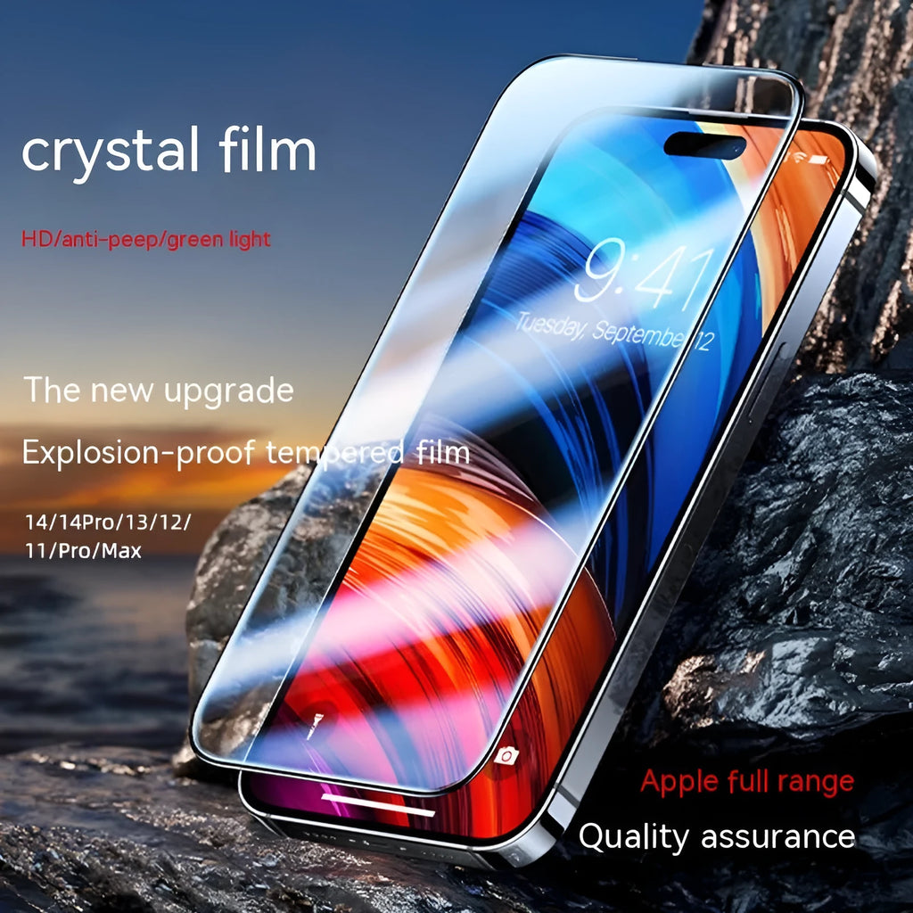 iPhone tempered glass screen protector with second sticker box application kit in transparent, frosted, and peep-proof finishes.