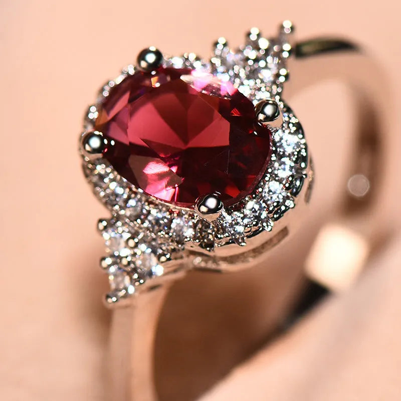 Ruby oval shape open mouth adjustable ring for women, copper white gold finish, sizes No.6 to No.10