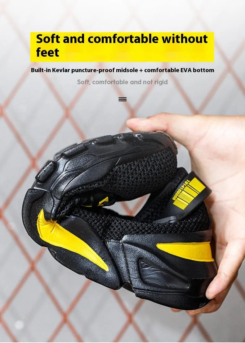 Men's black Flyknit work shoes with steel toe caps showing low-top safety footwear design