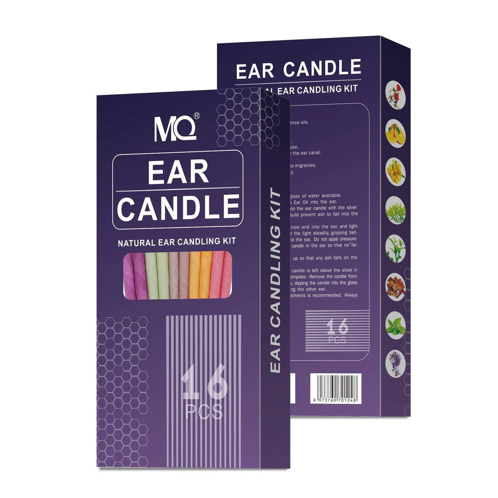 Ear candle suit box containing 16 cotton cloth candles, 8 protection boards, and 16 swabs in one of eight colours.
