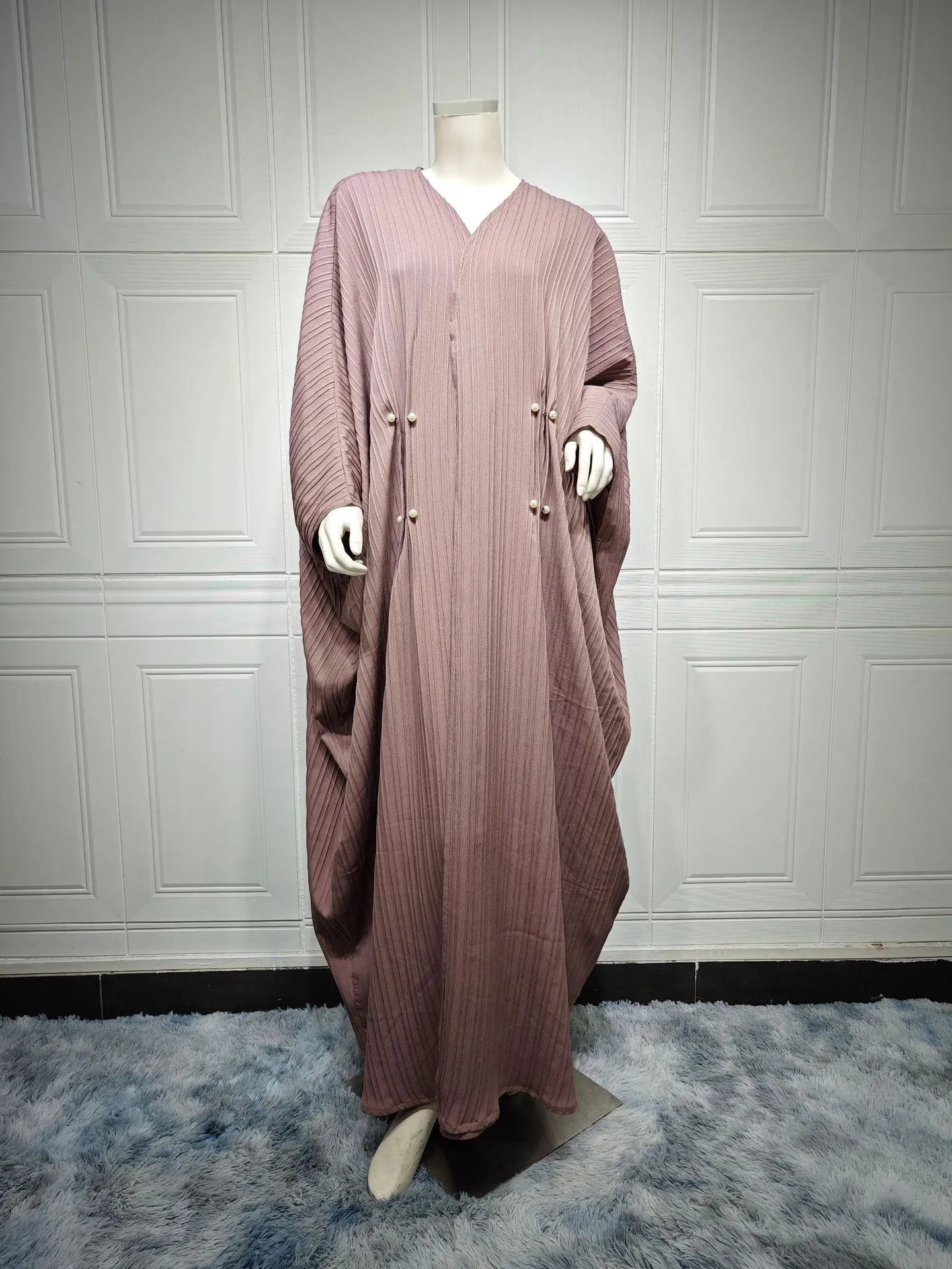 Turkish striped abaya cardigan robe in light coffee colour with batwing sleeves for Muslim women