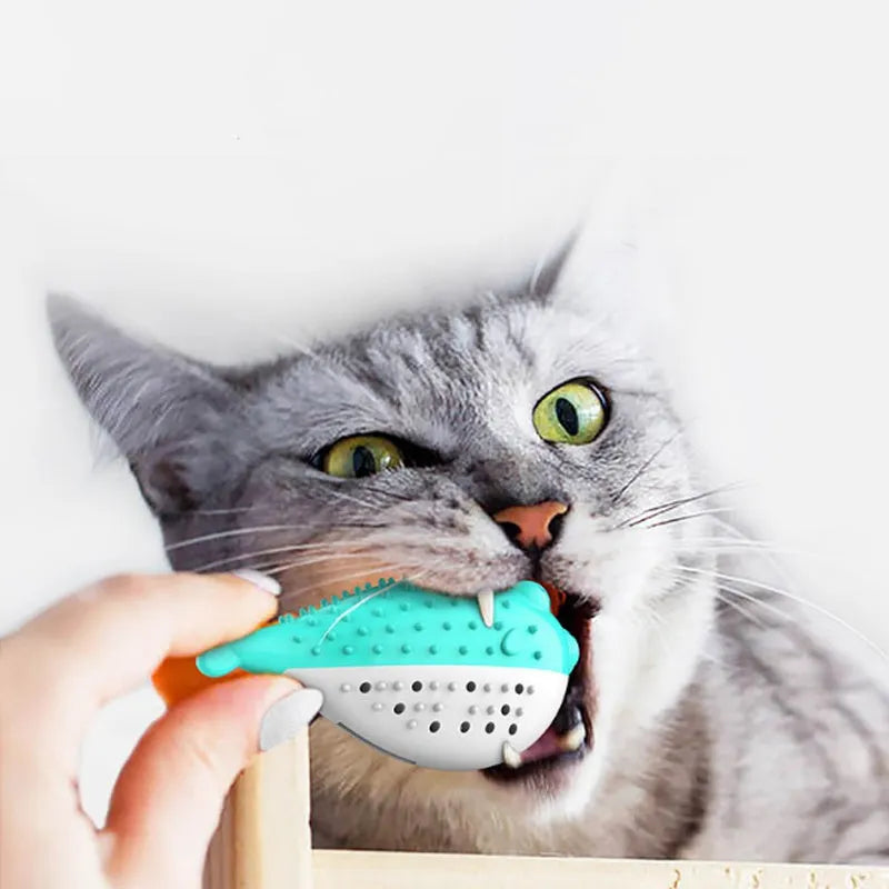 Silicone fish-shaped cat chew toy in selected colour with textured surface for dental cleaning and grabing play