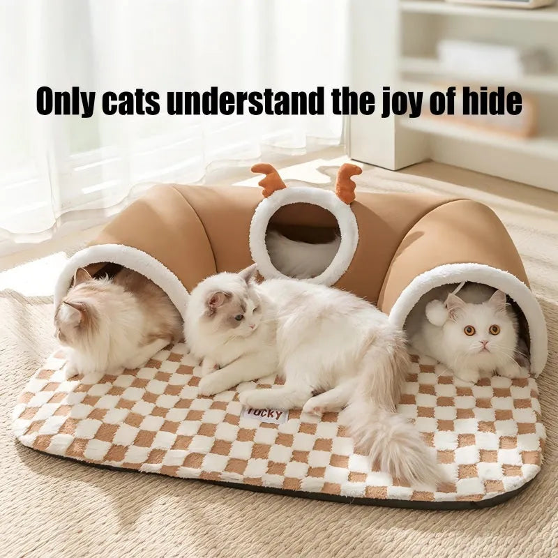 Grey plaid crystal fleece cat tunnel bed with two hanging balls, curved tunnel door, and slip-resistant bottom, for indoor use