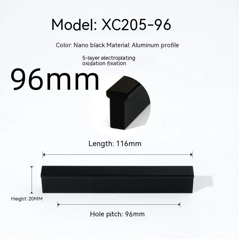 Aluminium alloy T-bar cabinet door handle in black anodic oxidation finish with screw holes visible