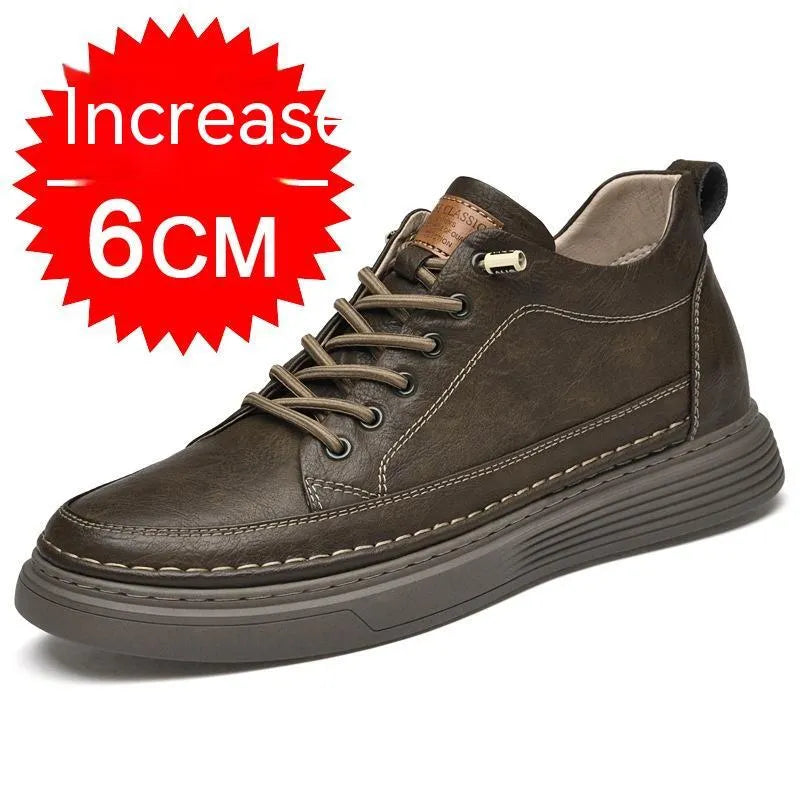 Men's round toe elevator shoes in black with 6cm hidden height increase, two-layer cowhide upper and rubber sole