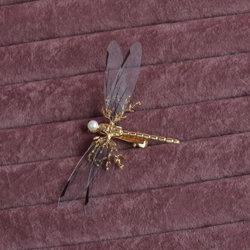 Golden dragonfly side clip headdress for women's hair with electroplated alloy construction
