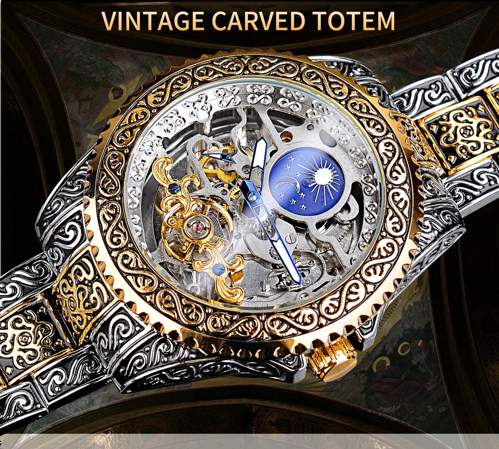 Forsining yellow stainless steel skeleton automatic mechanical watch showing carved tourbillon movement