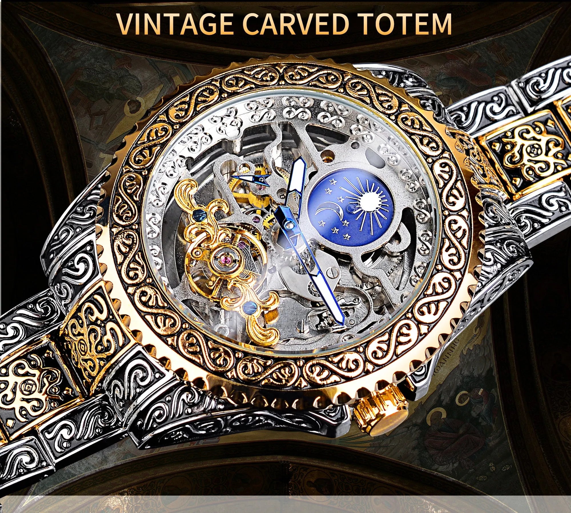 Forsining yellow stainless steel skeleton automatic mechanical watch showing carved tourbillon movement