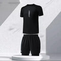 Men's patterned plus size swimsuit set with matching top and trunks on a mannequin.