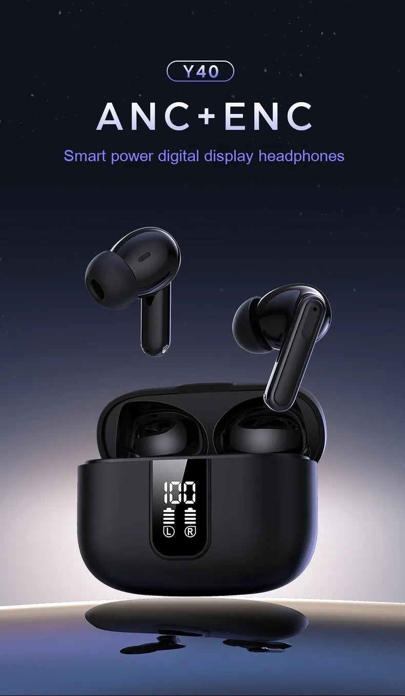 Y40 true wireless Bluetooth earphones with charging case in black, featuring ANC ENC noise cancellation and 13mm driver