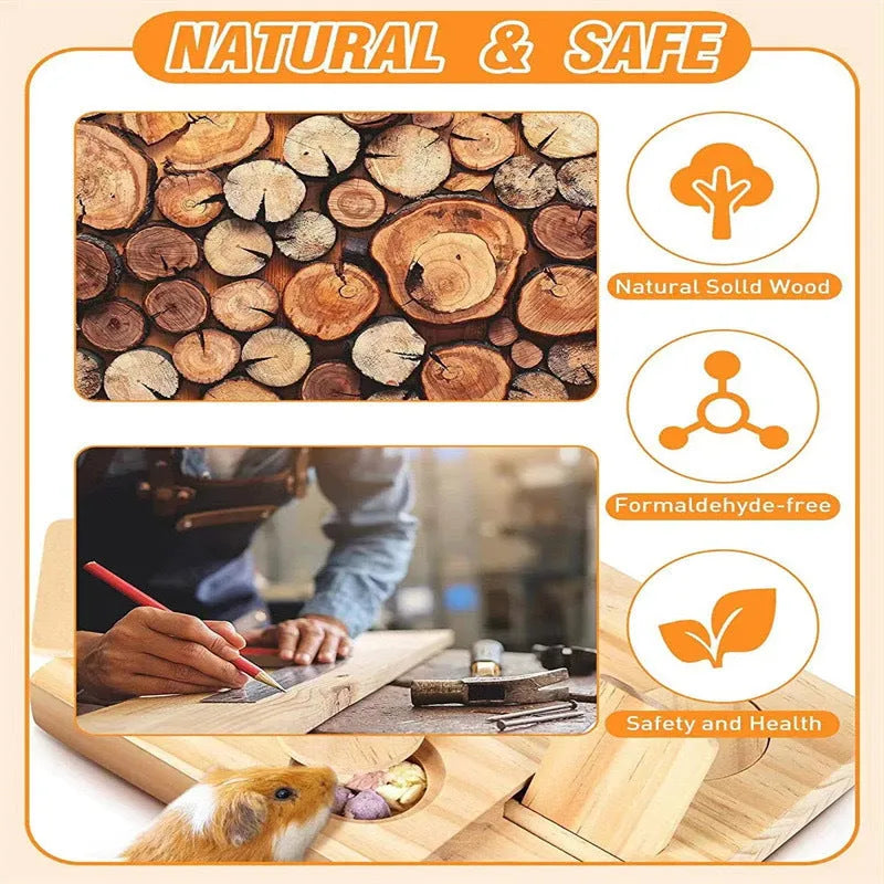 Wooden hamster feeder in natural wood colour on a flat surface