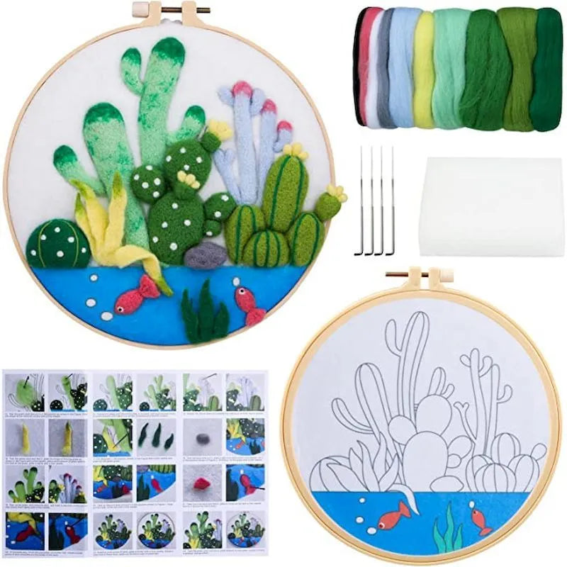 Round fabric embroidery decoration kit with linen material, wool felt, and free frame for three-dimensional blanket painting