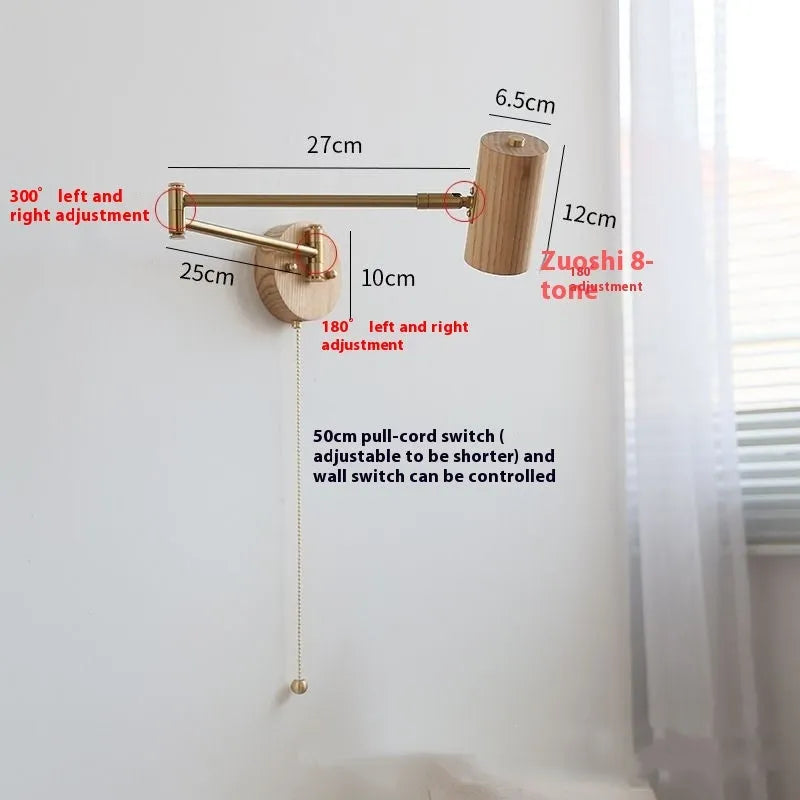Retro industrial rotating wall lamp with long adjustable arm and integrated wall switch in walnut colour finish