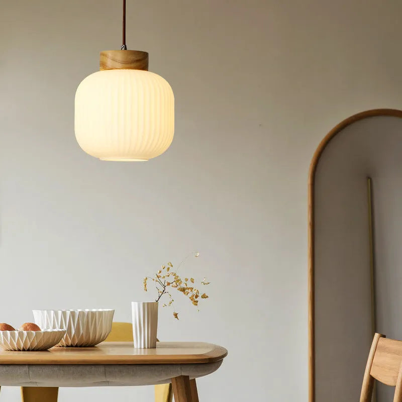 Retro Chinese wooden pendant light with Nordic style in bedroom setting