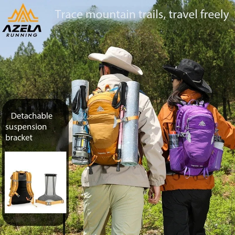 AZELA grey hiking backpack with adjustable straps on rocky trail outdoor setting