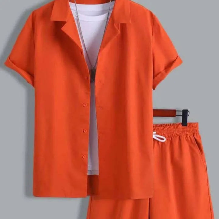 Men's short sleeve Cuban collar sport suit with matching shorts in lightweight polyester fabric