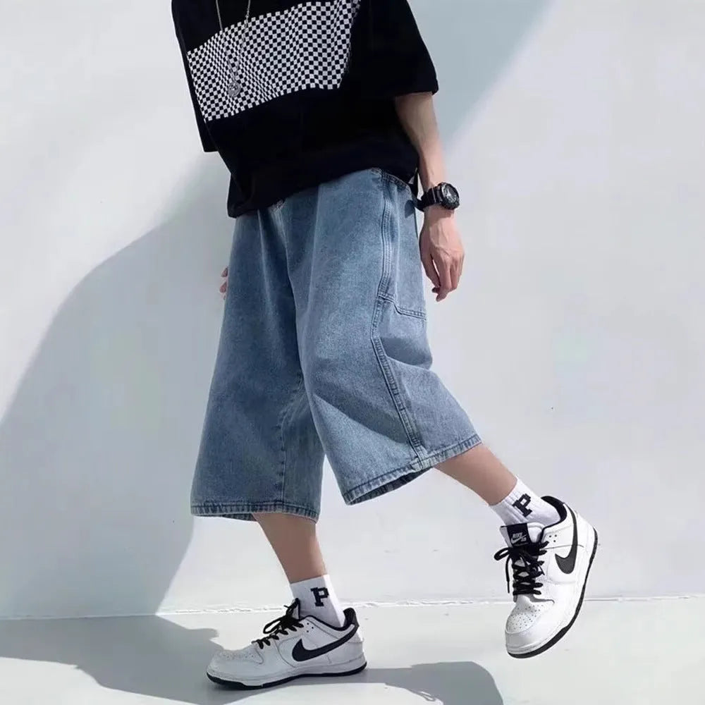 Men's blue washed denim shorts with high waist and cropped straight leg design