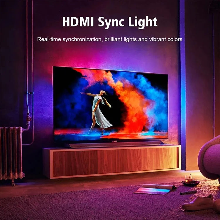 TV sync ambience light streamer with colourful LED backlighting behind television