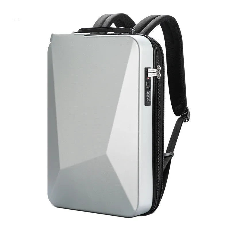 Men's hard shell gaming backpack in black or silver with anti-theft lock and multiple internal pockets.
