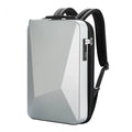 Men's hard shell gaming backpack in black or silver with anti-theft lock and multiple internal pockets.