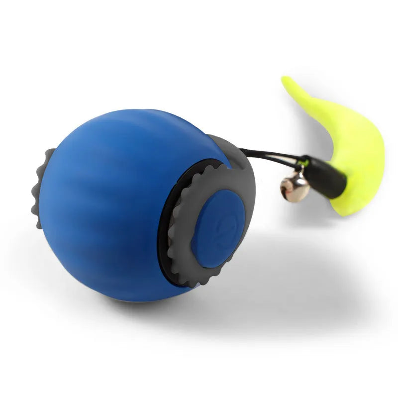 Automatic gravity-sensing cat toy with rolling ball and tail attachment in blue colour with gun grip handle