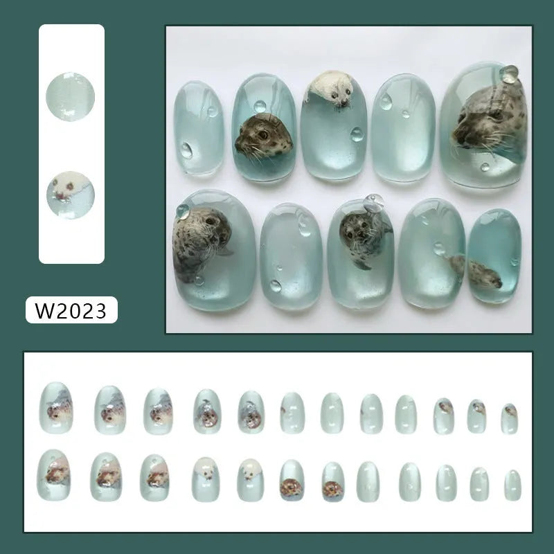 Cat eye summer ocean false nails in short oval shape with glue, detachable patch set for ladies