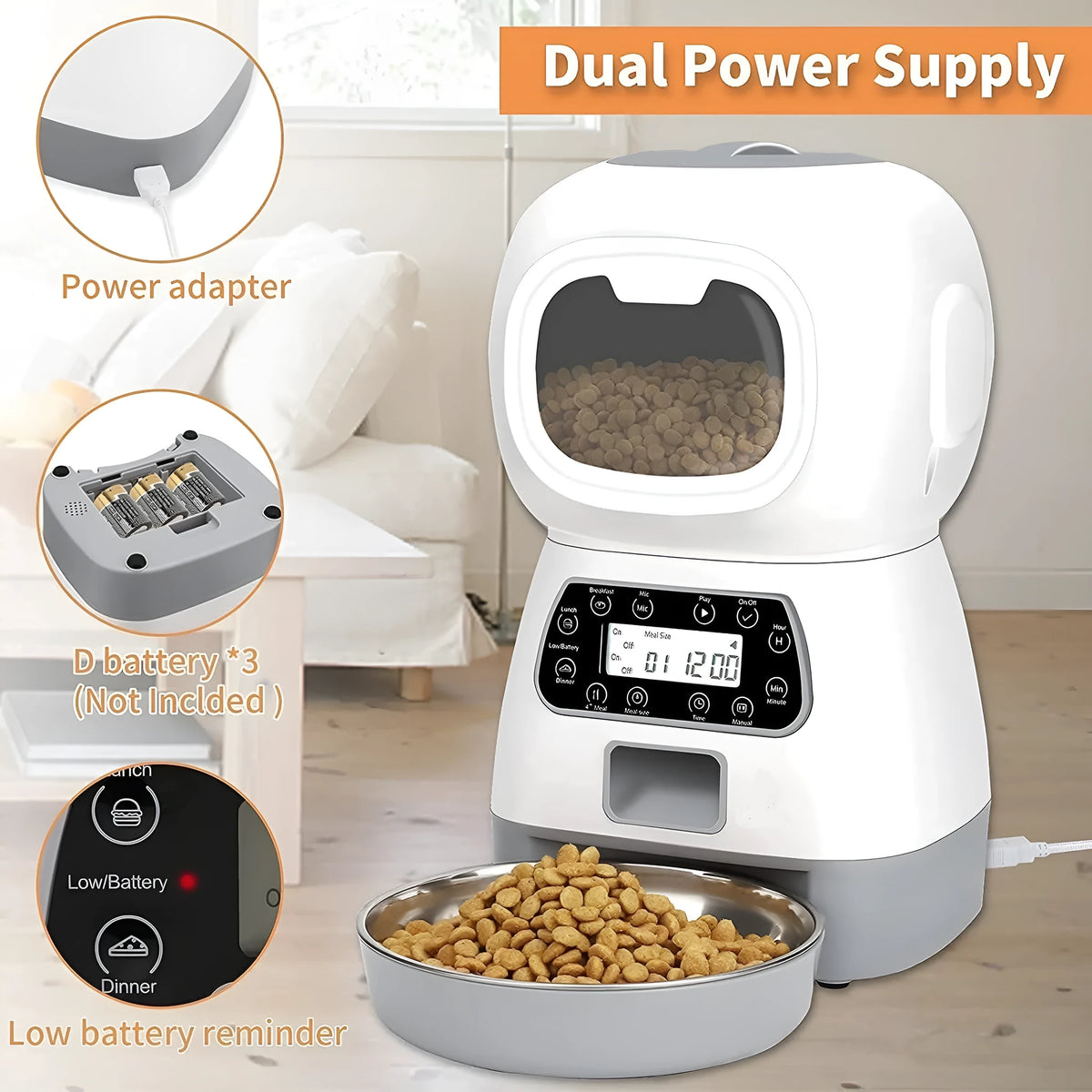 White ABS pet automatic feeder with button control for fixed point and manual feeding for cats and dogs