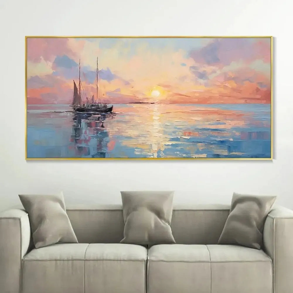 Handmade oil painting canvas wall art modern abstract sunrise over sea horizontal panoramic landscape