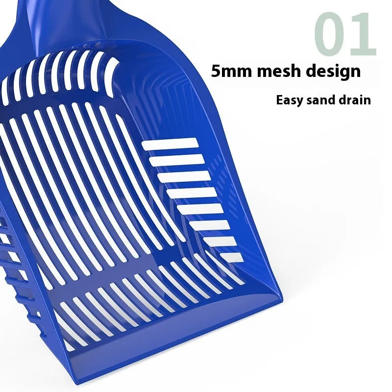 Red, yellow, and blue plastic cat litter scoops in small and medium sizes for pet waste cleaning.