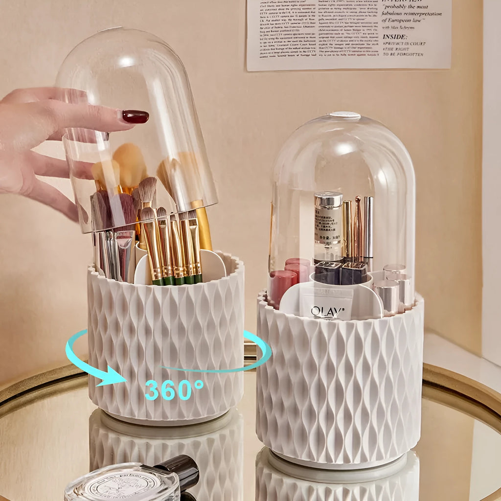 White acrylic rotating makeup brush holder with transparent dust cover showing split storage compartments