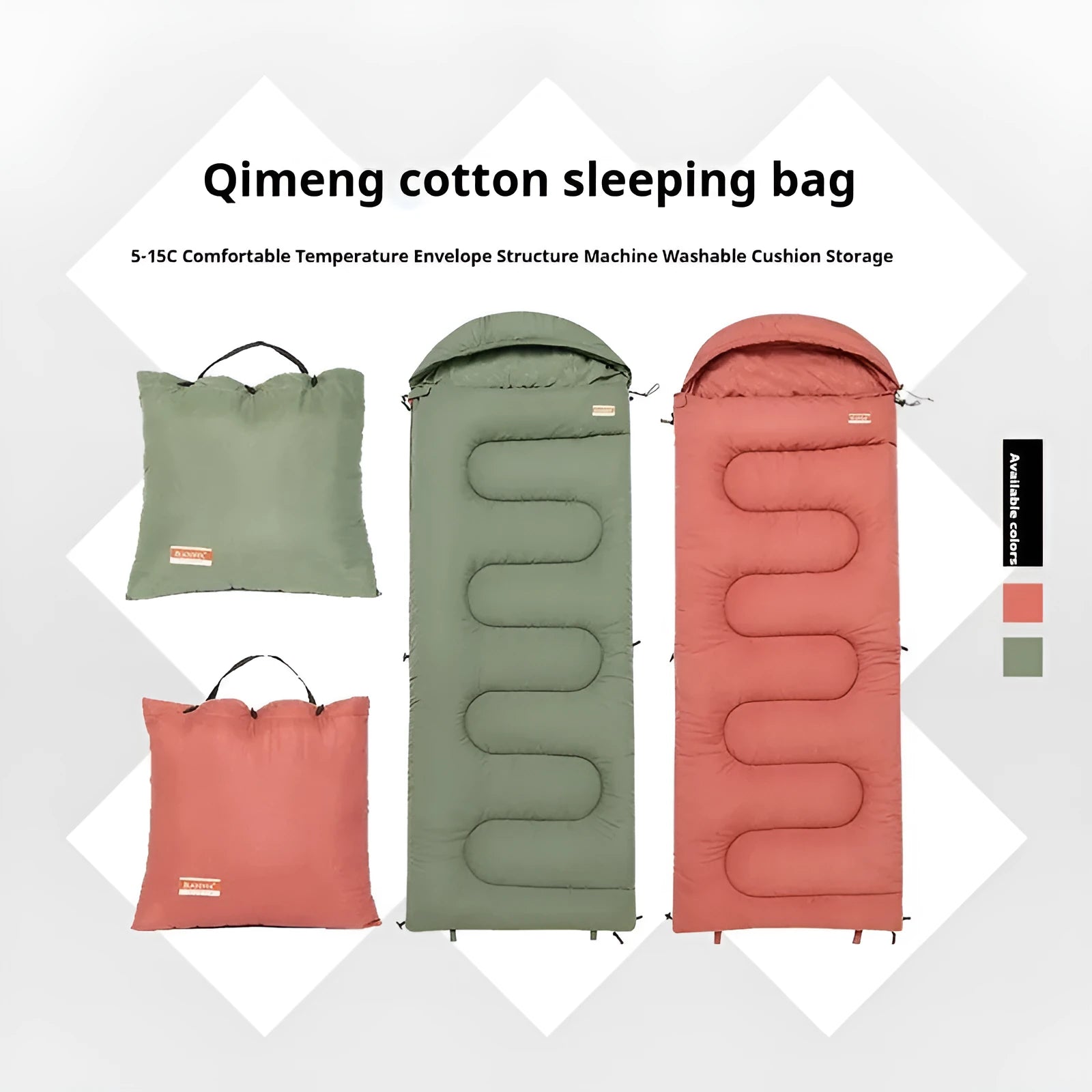 Outdoor camping cotton sleeping bag quilt in ochre or olive green, folded to show portable design.