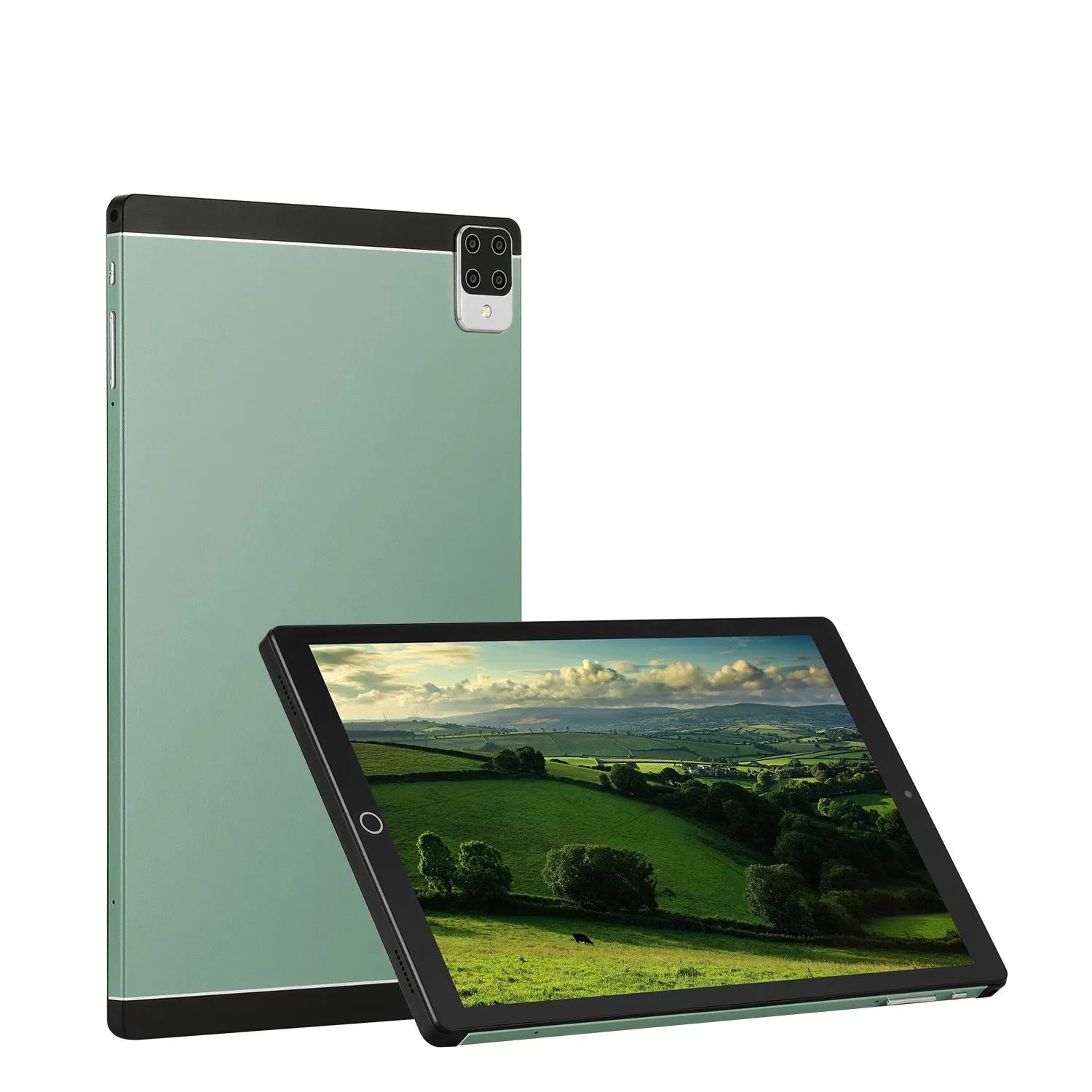 Slim 11.6-inch Android tablet in green colour, showing home screen with dual SIM signal and GPS icon.