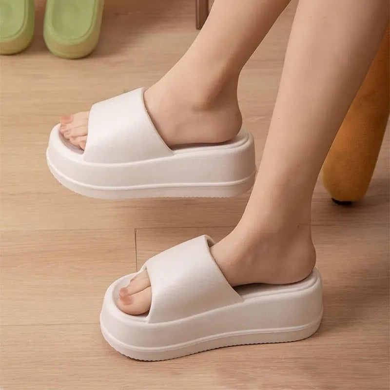 Women's solid colour 7cm high heel flat slippers in black, rose red, and white with round toe and EVA sole