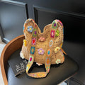 Woven polyester beach bag with hollow design and single shoulder strap showing 30x28cm dimensions