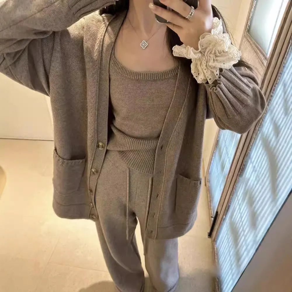 Women's knit cardigan vest pants three-piece set in Japanese Korean casual style