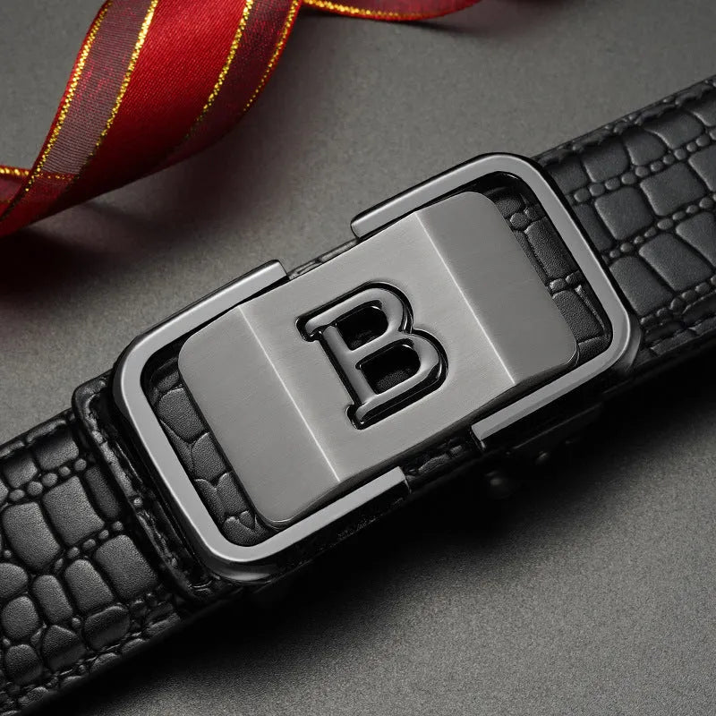 Automatic buckle genuine leather belt 3.3cm width in black with zinc alloy buckle head