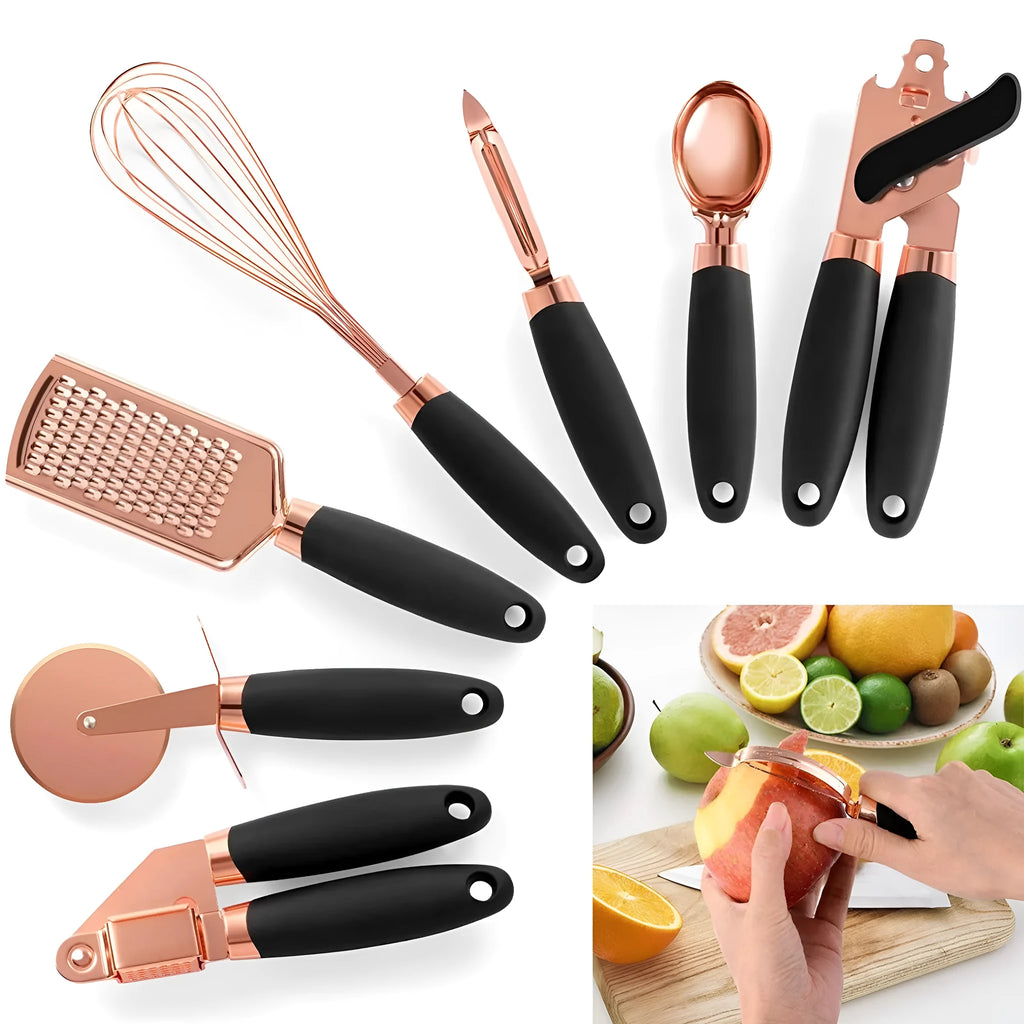 Stainless steel kitchen gadgets 7 piece set including bottle openers and can opener in a box.