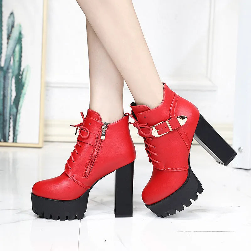 Women's chunky heel waterproof platform high heels in black, back zipper, tip toe, rubber sole