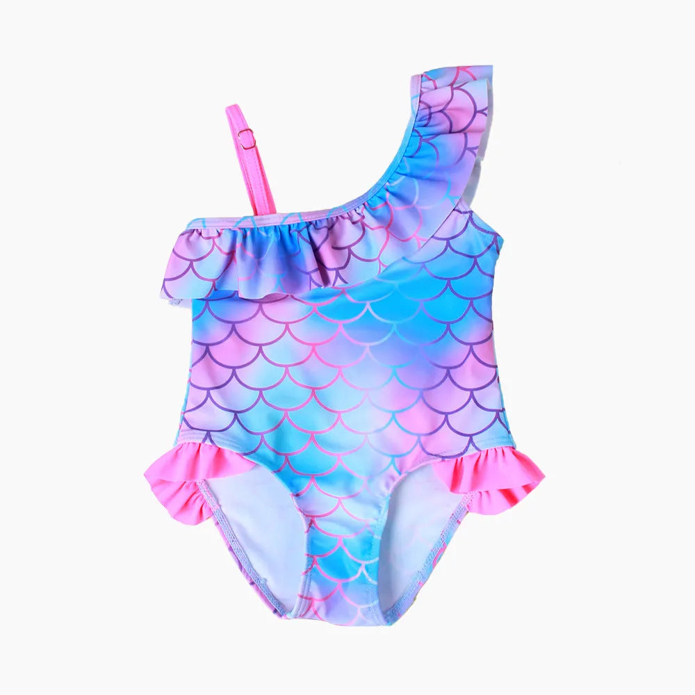 Girls' scale printed flounced gradient one-piece nylon swimsuit in Pattern 3, sizes 90-130