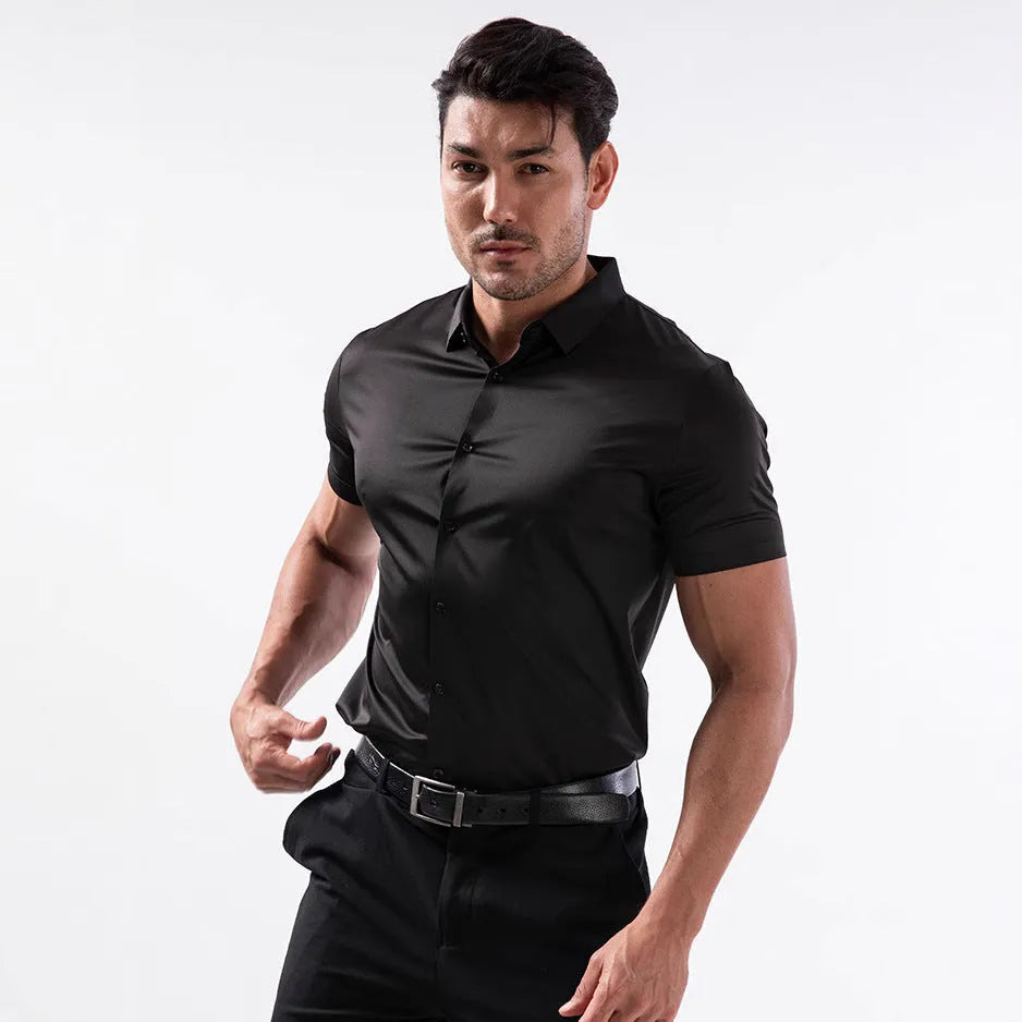 Men's short sleeve shirt in navy blue, four-side elastic non-iron fabric, cardigan style with collar and buttons