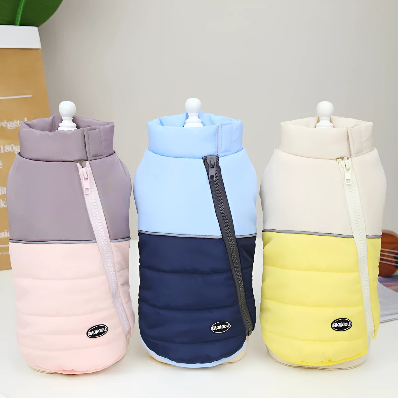 Dog wearing autumn winter cotton vest with zipper in blue colour