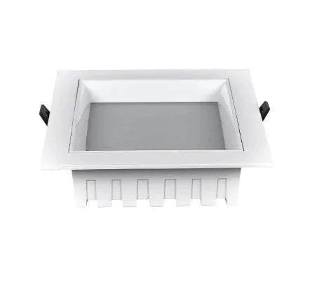LED ultra-thin square downlight recessed in ceiling grid grille, aluminium shell, side view of flush mount installation