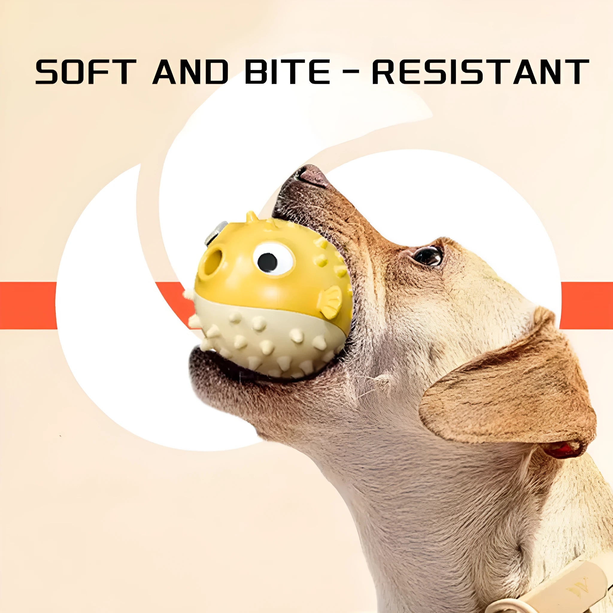 Yellow vinyl fish-shaped dog chew toy with textured surface and squeaker.