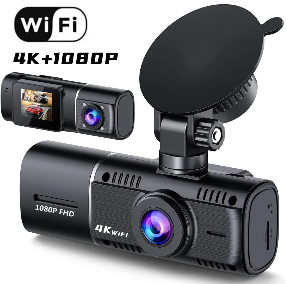Black dual-channel car dash cam on windscreen mount with rear camera cable.