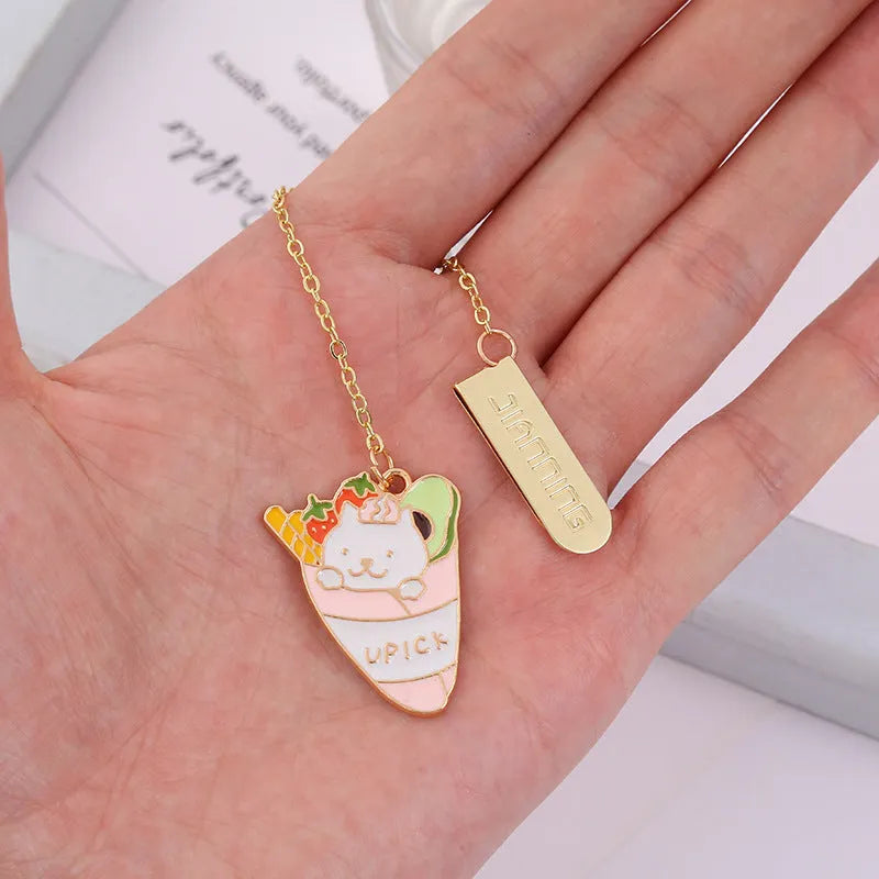 Cat metal pendant bookmark with creative cartoon designs including Strawberry Cake Cat and Cherry Sleeping Cat