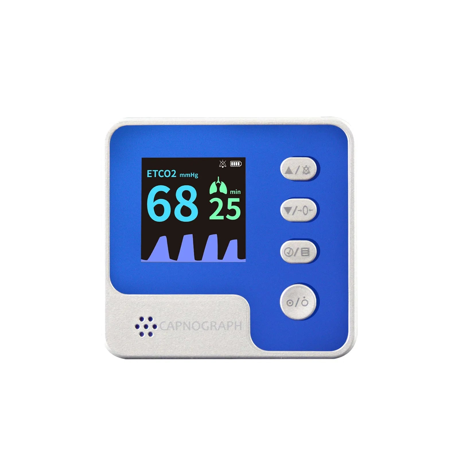 Veterinary CA10M mainstream CO2 capnograph monitor with display, air adapter, and AAA batteries in a handheld design