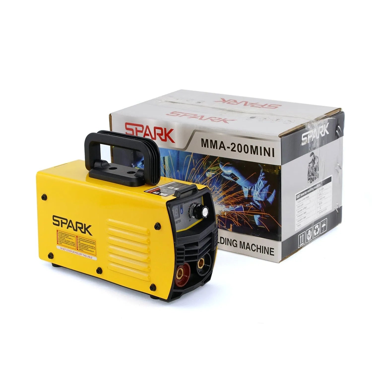 MMA-200MIN compact 220V DC inverter welding machine with welding tongs, clamp, and face shield on a workbench.