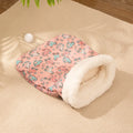 Blue rabbit print flannel cat sleeping bag nest measuring 50 by 40 centimetres.