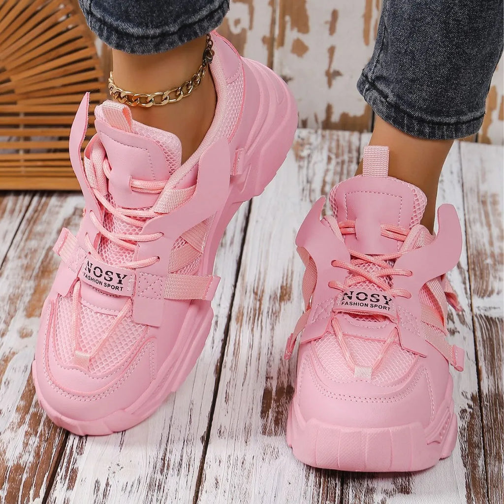 Women's platform mesh dad sneaker in multiple colours with lace-up front and thick sole.